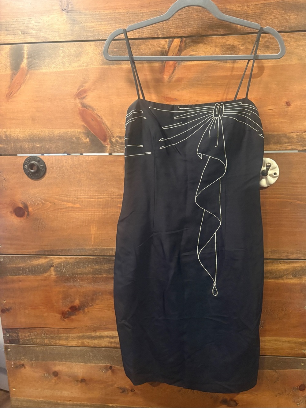 Maggy London 100% Silk Black Spaghetti-Strap Shift Dress with White Bow Detail